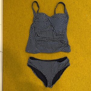 Polka Dot Navy Tankini Bikini Set - Navy/White Swimwear